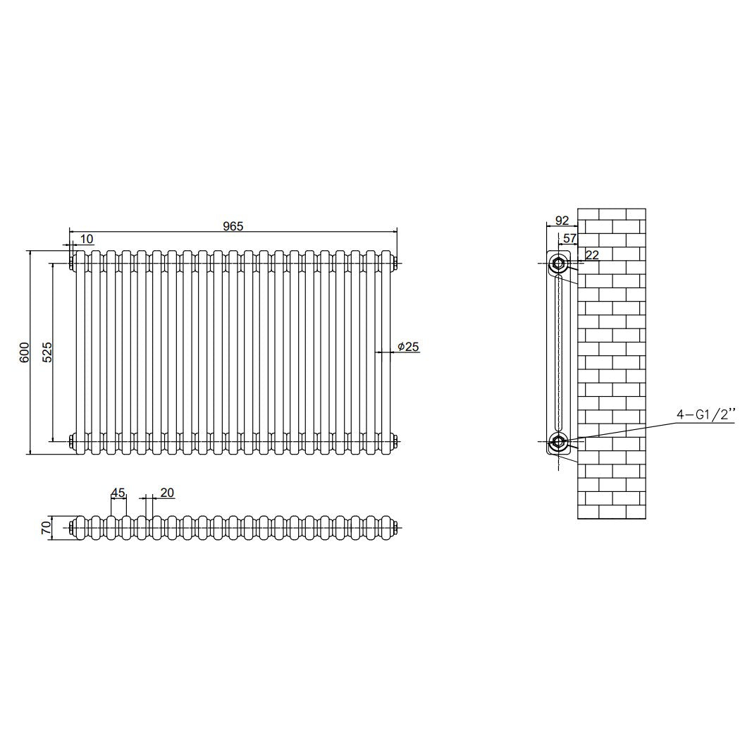 Aquarius Bathrooms Column Radiator Aquarius Foundry Horizontal 2 Column Radiator in White