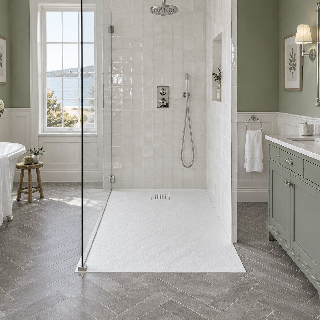 Aquarius Bathrooms Rectangle Shower Tray Aquarius Honiston Mineral Composite Slate Effect Shower Tray in Arctic White