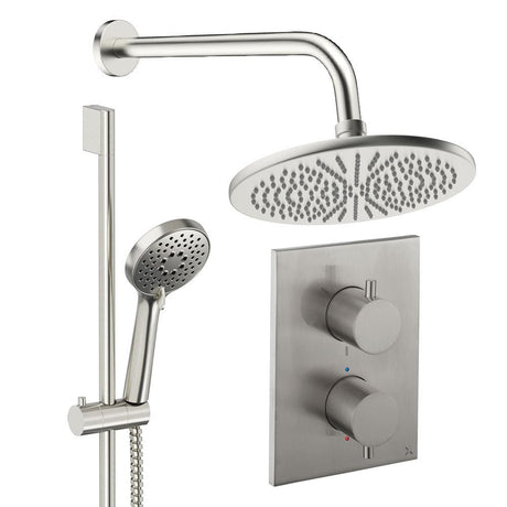 UK Bathroom Store Concealed Shower Set Brushed Nickel / Wall Arm / 300mm Crosswater Crossbox Shower Set 4 - 2 Outlet with Riser Rail Kit and Fixed Overhead Showerhead
