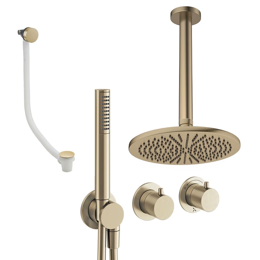 UK Bathroom Store Concealed Shower Set Brushed Brass / Ceiling Arm / 300mm Crosswater Module Shower Set 9 - 3 Outlet with Pencil Handset, Overhead Shower and Overflow Filler