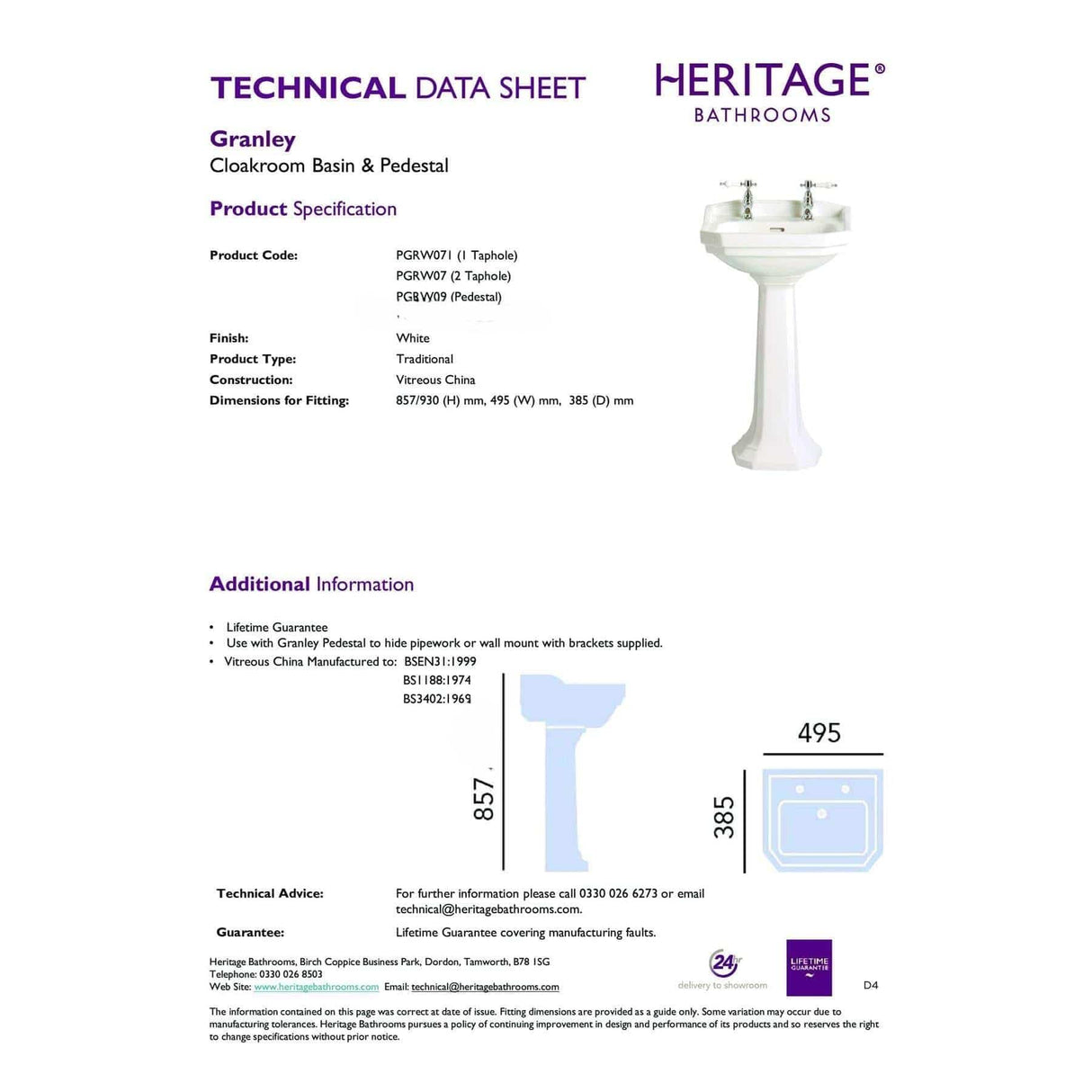 Heritage Pedestal Basin Heritage Granley Cloakroom Basin with Pedestal