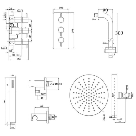 JTP Concealed Shower Set JTP Florence 2 Outlet 3 Handle Thermostatic Shower Valve Kit with Overhead and Handset