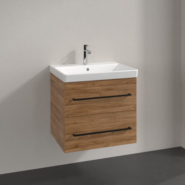 Villeroy & Boch Wall Mounted Vanity Unit Oak Kansas with Black Handles Villeroy & Boch Avento Wall Hung Vanity Unit 580mm Two Drawers with Basin