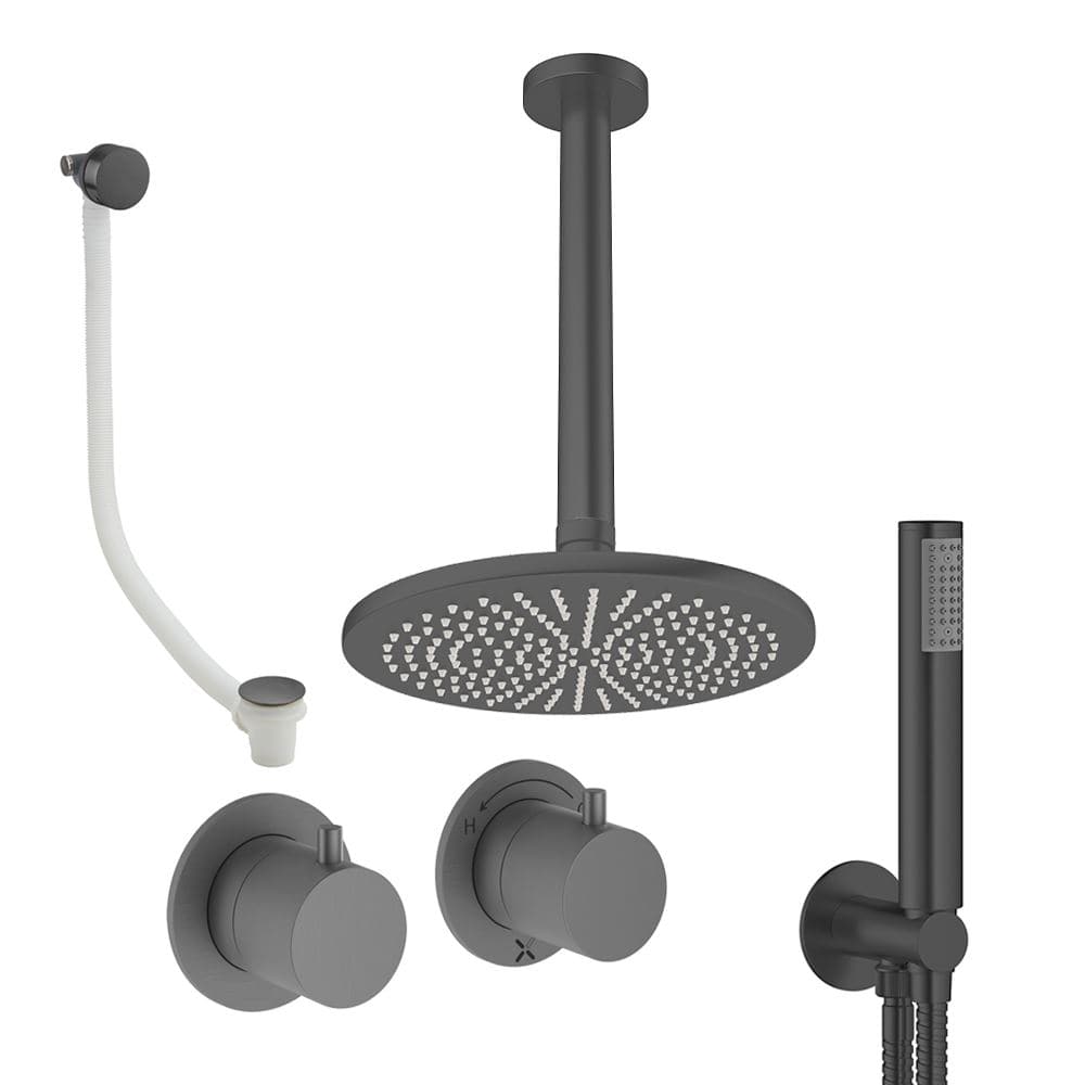 UK Bathroom Store Concealed Shower Set Slate / Ceiling Arm / 300mm Crosswater Module Shower Set 6 - 3 Outlet with Overhead Shower, Handset and Overflow Bath Filler