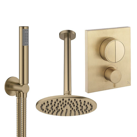 UK Bathroom Store Concealed Shower Set Brushed Brass / Ceiling Arm / 200mm Crosswater Crossbox Push Shower Set 1 - 2 Outlet with Fixed Overhead Shower and Pencil Handset
