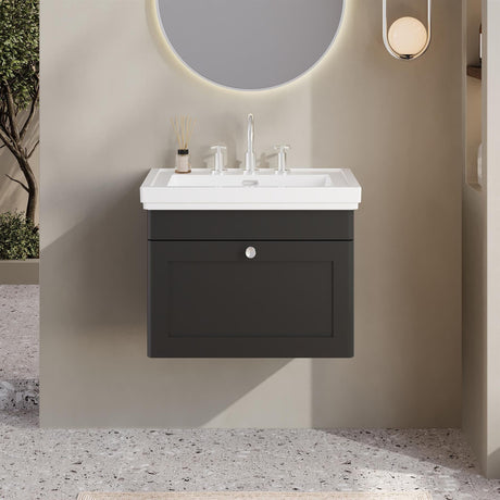 Aquarius Wall Mounted Vanity Unit Soft Black / 3 Aquarius Leighton 600mm Wall Mounted One Drawer Vanity Unit with Basin
