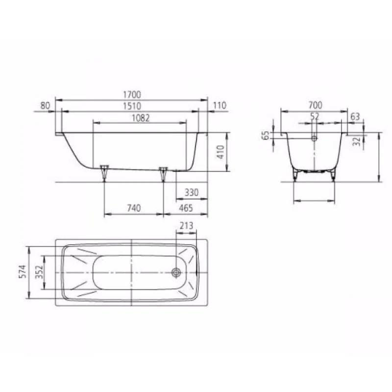 Kaldewei Single Ended Bath 1700mm x 700mm / 0 Kaldewei Cayono Single Ended Steel Bath with Leg Set