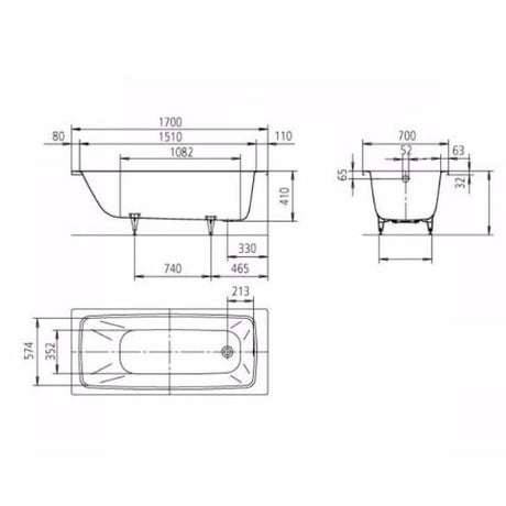 Kaldewei Single Ended Bath 1700mm x 700mm / 0 Kaldewei Cayono Single Ended Steel Bath with Leg Set