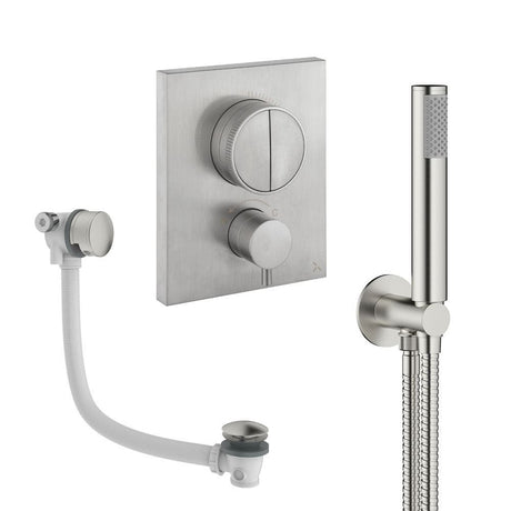 UK Bathroom Store Concealed Shower Set Brushed Nickel Crosswater Crossbox Push Shower Set 3 - 2 Outlet with Pencil Handset and Overflow Bath Filler Waste