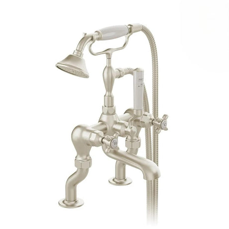 Vado Bath Shower Mixer Brushed Nickel Booth & Co. Axbridge Crosshead Deck Mounted Bath Shower Mixer with Traditional Shower Handset