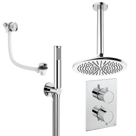 UK Bathroom Store Concealed Shower Set Chrome / Ceiling Arm / 300mm Crosswater Crossbox Shower Set 9 - 3 Outlet with Fixed Overhead Shower,Pencil Handset and Overflow Bath Filler Waste