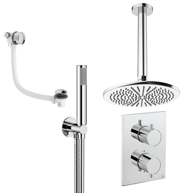 UK Bathroom Store Concealed Shower Set Chrome / Ceiling Arm / 300mm Crosswater Crossbox Shower Set 9 - 3 Outlet with Fixed Overhead Shower,Pencil Handset and Overflow Bath Filler Waste