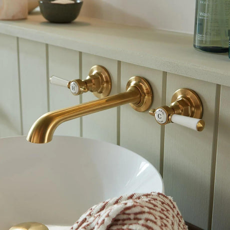 Vado Wall Mounted Basin Tap Brushed Brass/Crackled White Booth & Co. Axbridge Wall Mounted  Basin Mixer Tap with Lever Handles
