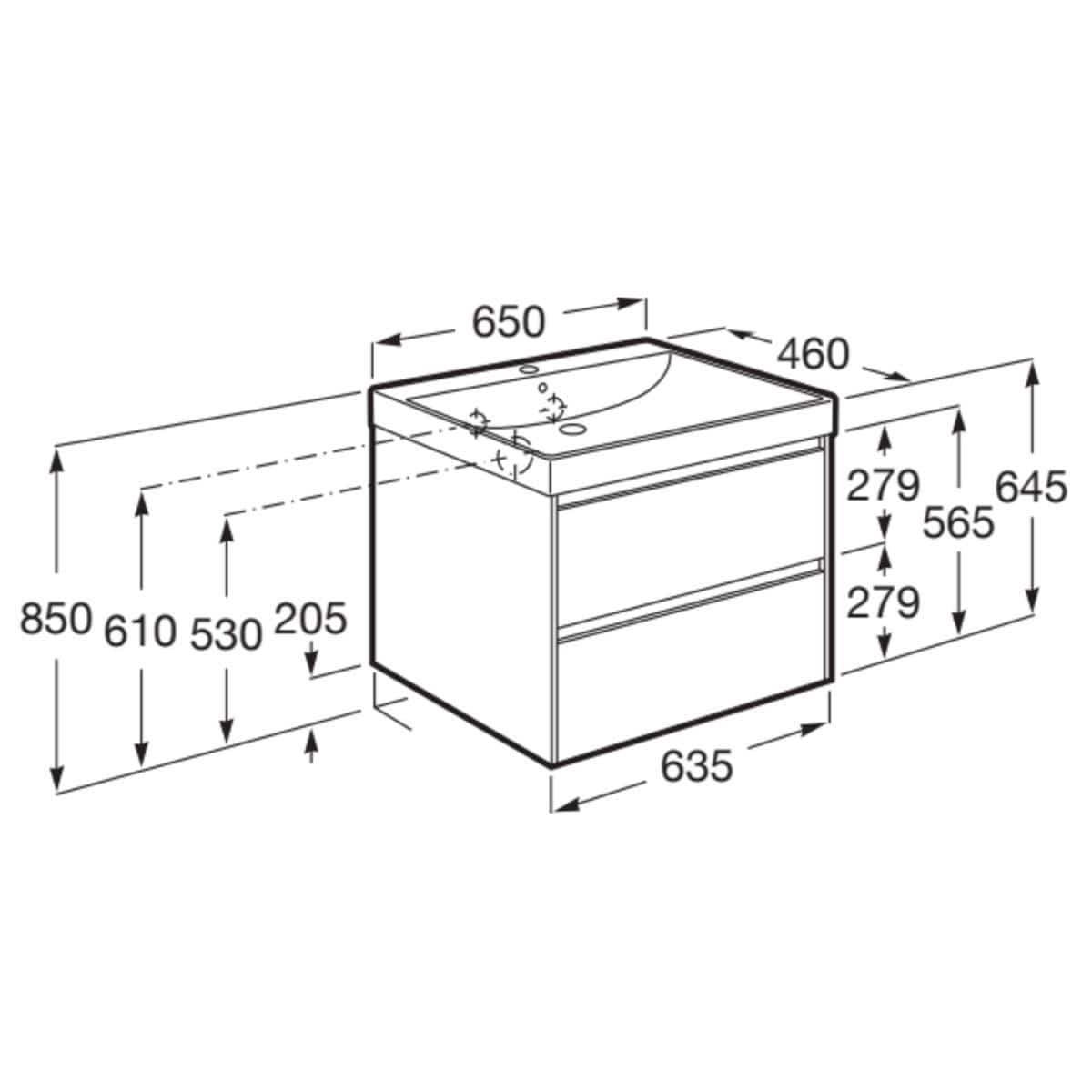 Roca Wall Mounted Vanity Unit Roca Ona 650mm Wall Mounted Two Drawer Vanity Unit with Basin
