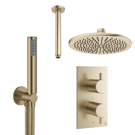 Crosswater Concealed Shower Set Brushed Brass / Ceiling Arm / 300mm Crosswater Design 2 Handle 2 Outlet Thermostatic Shower Set with Rainfall Head and Pencil Handset