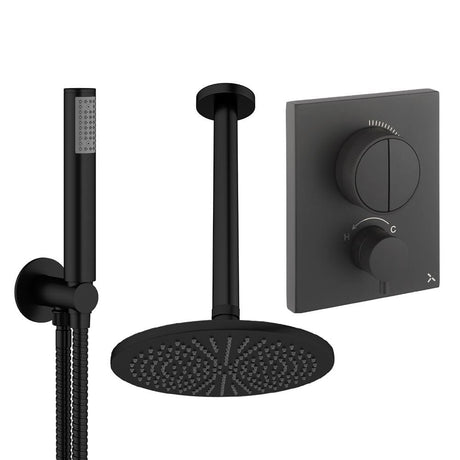UK Bathroom Store Concealed Shower Set Matt Black / Ceiling Arm / 300mm Crosswater Crossbox Push Shower Set 1 - 2 Outlet with Fixed Overhead Shower and Pencil Handset