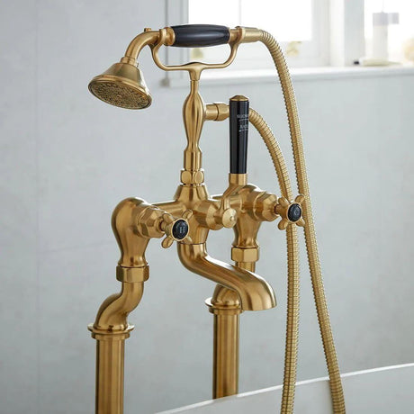 Vado Freestanding Bath Filler Brushed Brass/Black Booth & Co Axbridge Crosshead Floor Standing Bath Shower Mixer with Shower Kit