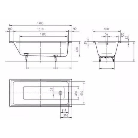 Kaldewei Single Ended Bath 1700 x 800mm / 2 Kaldewei Puro Single Ended Steel Bath with Leg Set