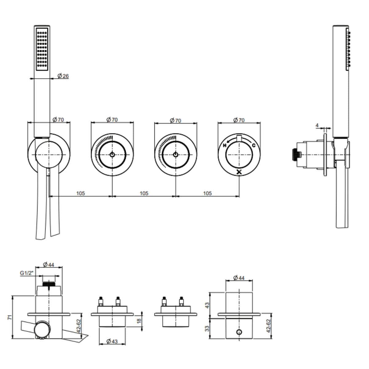 UK Bathroom Store Concealed Shower Set Crosswater Module Plus Push Shower Set 4 - 2 Outlet with Revive Multifunctional Spotlight Shower Head and Pencil Handset
