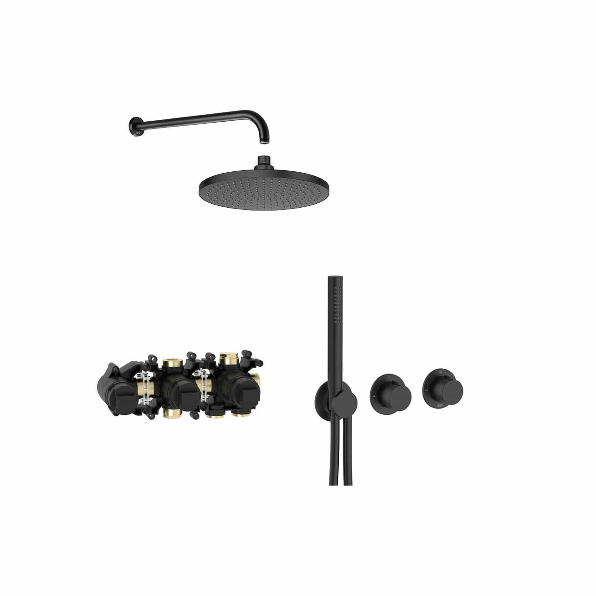 Roca Concealed Shower Set Matt Black Roca T-Multi Thermostatic Concealed Shower Valve with Rainshower Head, Pencil Handset and Hose