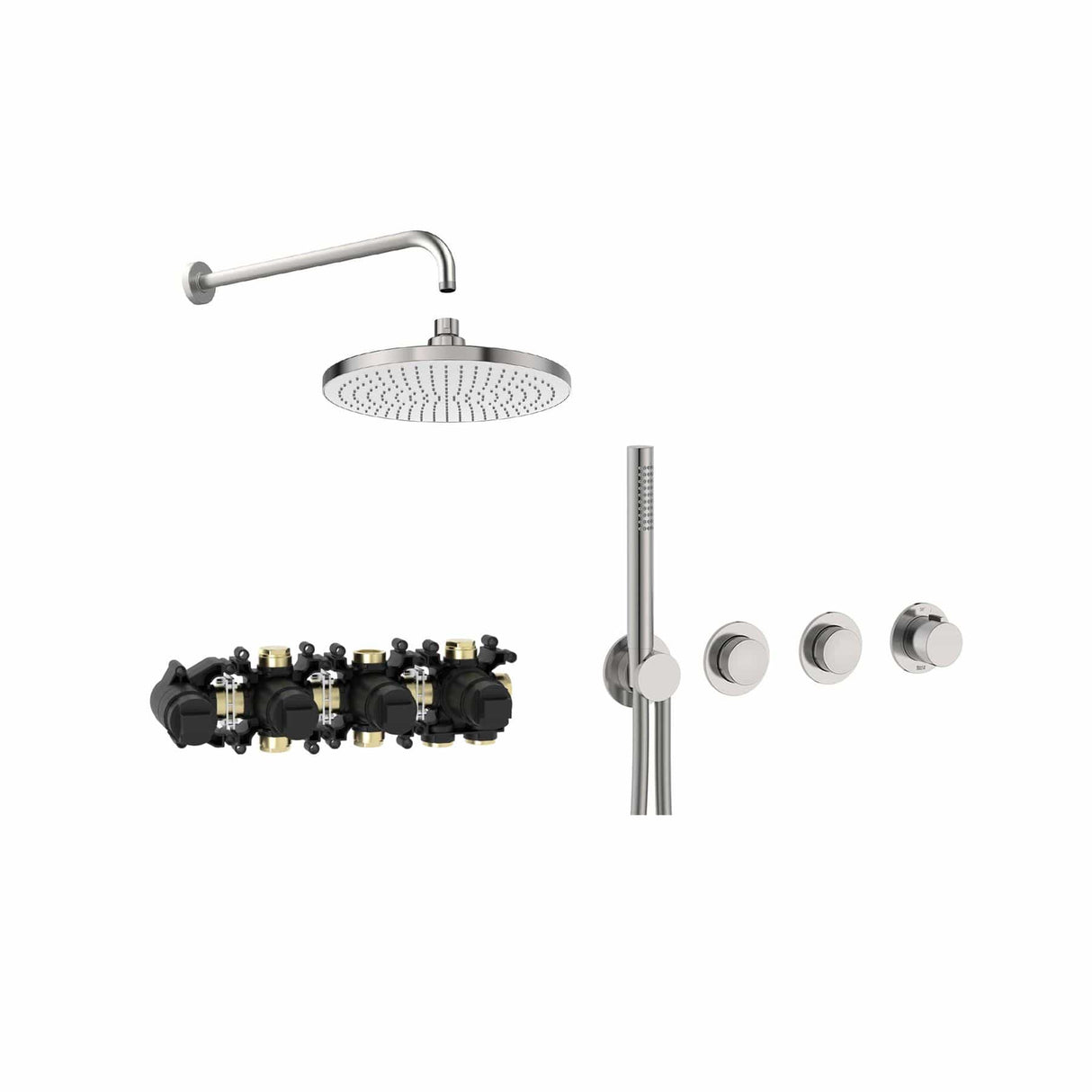 Roca Concealed Shower Set Stainless Steel Effect Roca T-Multi Switch Thermostatic Concealed Shower Valve with Rainshower Head, Pencil Handset and  Hose