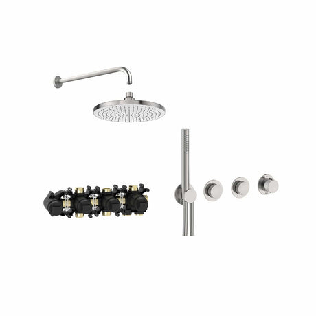 Roca Concealed Shower Set Stainless Steel Effect Roca T-Multi Switch Thermostatic Concealed Shower Valve with Rainshower Head, Pencil Handset and  Hose