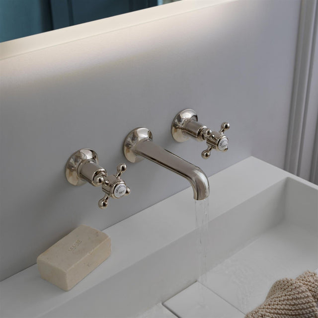 JTP Wall Mounted Basin Tap Nickel JTP Grosvenor Cross Wall Mounted 3 Hole Basin Mixer Tap