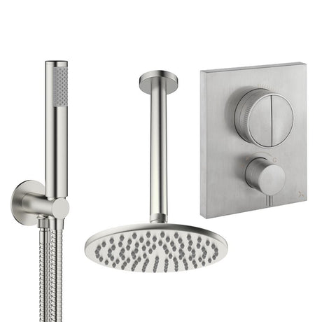 UK Bathroom Store Concealed Shower Set Brushed Nickel / Ceiling Arm / 200mm Crosswater Crossbox Push Shower Set 1 - 2 Outlet with Fixed Overhead Shower and Pencil Handset
