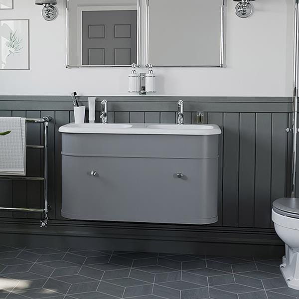 Burlington Double Sink Vanity Unit Classic Grey / Natural Stone Roll Top Basin - 1 Tap Hole / Chrome Burlington Chalfont 1000mm Wall Mounted Single Drawer Vanity Unit with Double Basin