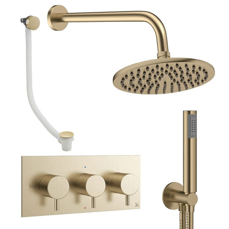 Crosswater Concealed Shower Set Brushed Brass / Wall Arm / 200mm Crosswater Design 3 Handle 3 Outlet Shower and Bath Filler Set 8
