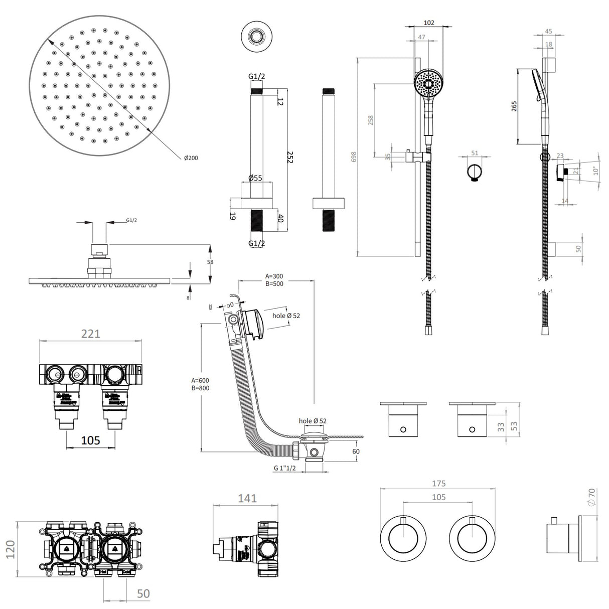 UK Bathroom Store Concealed Shower Set Crosswater Module Shower Set 7 - 3 Outlet with Riser Rail Kit, Overhead Shower and Overflow Bath Filler
