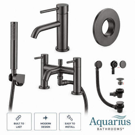 Aquarius Bathrooms Bath Shower Mixer Gun Metal Grey Aquarius RF-Series Complete Bath and Basin Brassware Pack with Basin Tap, Bath and Shower Mixer and Wastes