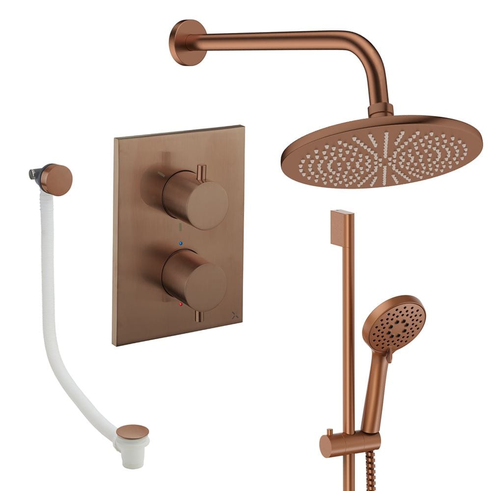 UK Bathroom Store Concealed Shower Set Brushed Bronze / Wall Arm / 300mm Crosswater Crossbox Shower Set 10 - 3 Outlet with Fixed Overhead Shower, Slide Rail Kit and Overflow Bath Filler Waste