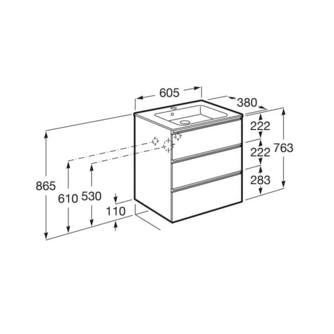 UK Bathroom Store Roca The Gap Compact Wall Mounted 600mm Three Drawer Vanity Unit with Basin