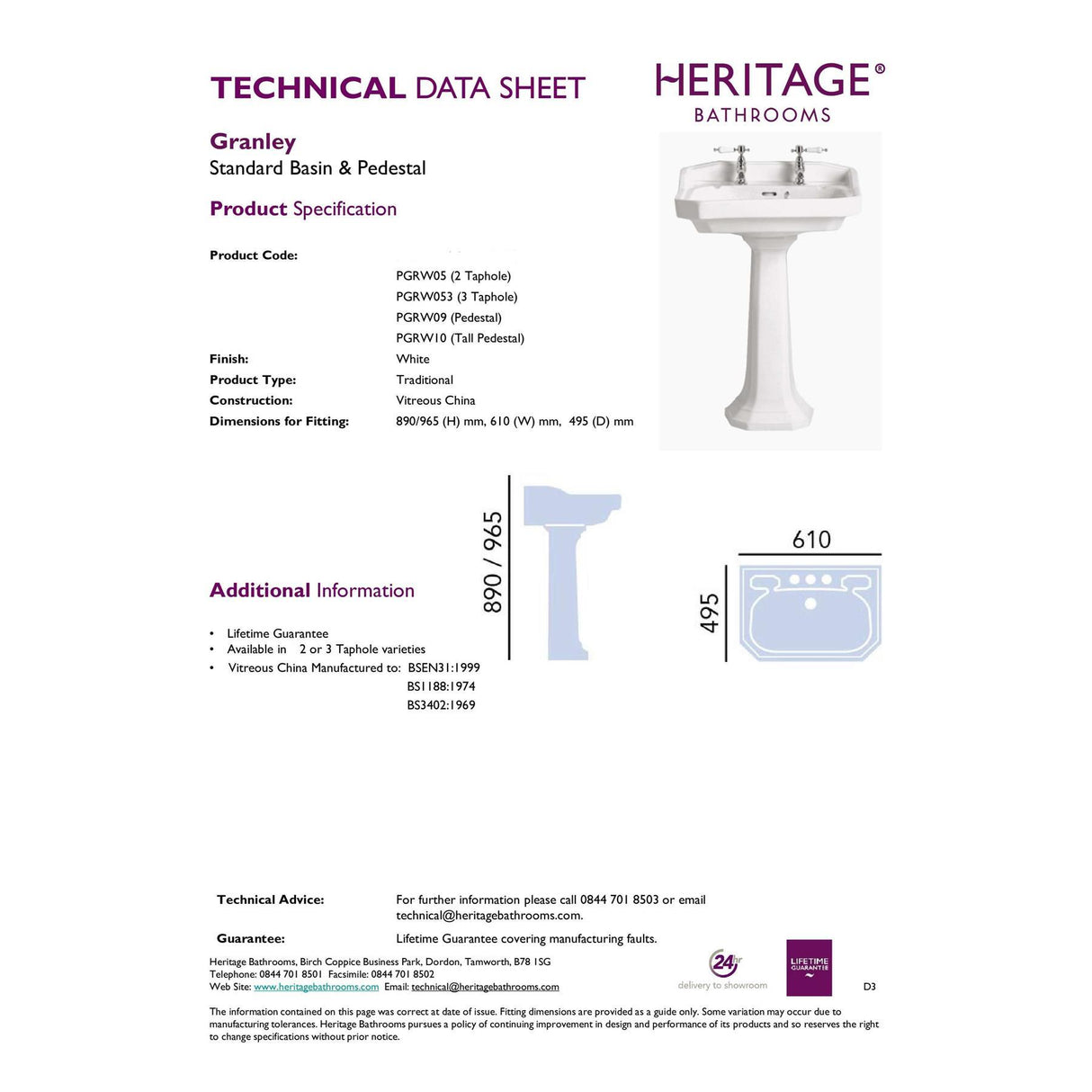 Heritage Granley Standard Basin with Pedestal