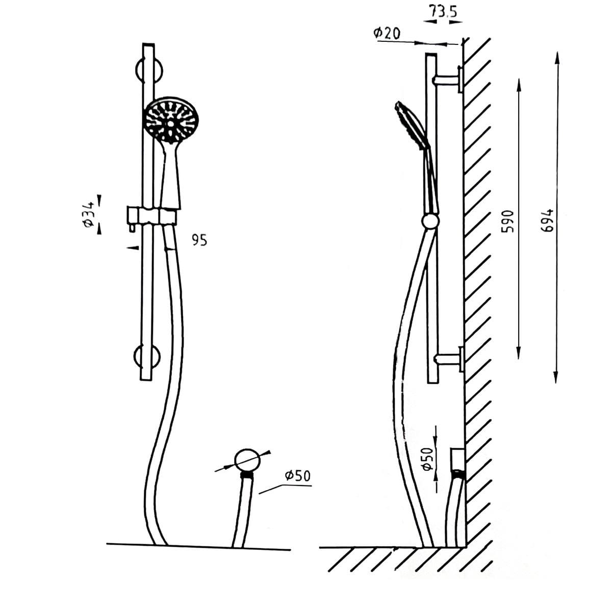 TED Shower Riser Rail TED Round Riser Rail Shower Kit with Handset and Wall Outlet