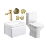 Aquarius Bathrooms Suites Matt White / Brushed Brass Aquarius Sophie 605mm Wall Hung Vanity Unit, Close Coupled Toilet, Tap and Fittings Bundle