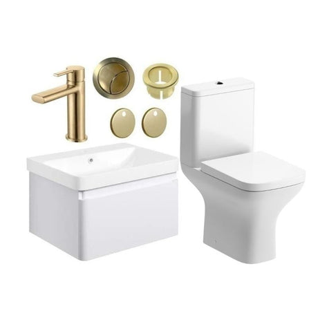 Aquarius Bathrooms Suites Matt White / Brushed Brass Aquarius Sophie 605mm Wall Hung Vanity Unit, Close Coupled Toilet, Tap and Fittings Bundle