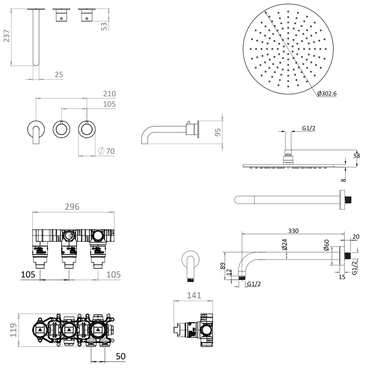 UK Bathroom Store Concealed Shower Set Crosswater Module Shower Set 3 with Fixed Overhead Shower and Bath Spout