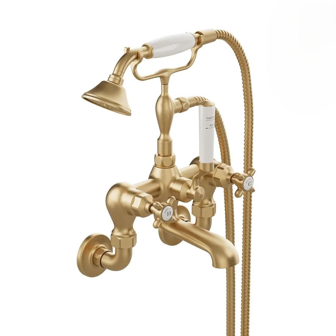 Vado Bath Shower Mixer Brushed Brass/Crackled White Booth & Co. Axbridge Crosshead Wall Mounted Bath Shower Mixer with Traditional Shower Handset