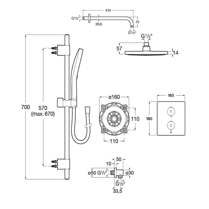 Roca Concealed Shower Set Roca T-500 Square Thermostatic Concealed Shower Valve with Rainshower Head, Shower Handset and Slide Rail Set
