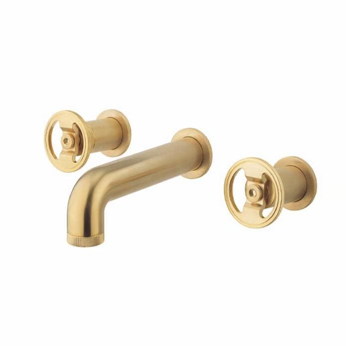 Crosswater Wall Mounted Basin Tap Crosswater Union 3 Hole Wall Mounted Basin Mixer Tap with Wheel Handle in Brushed Brass
