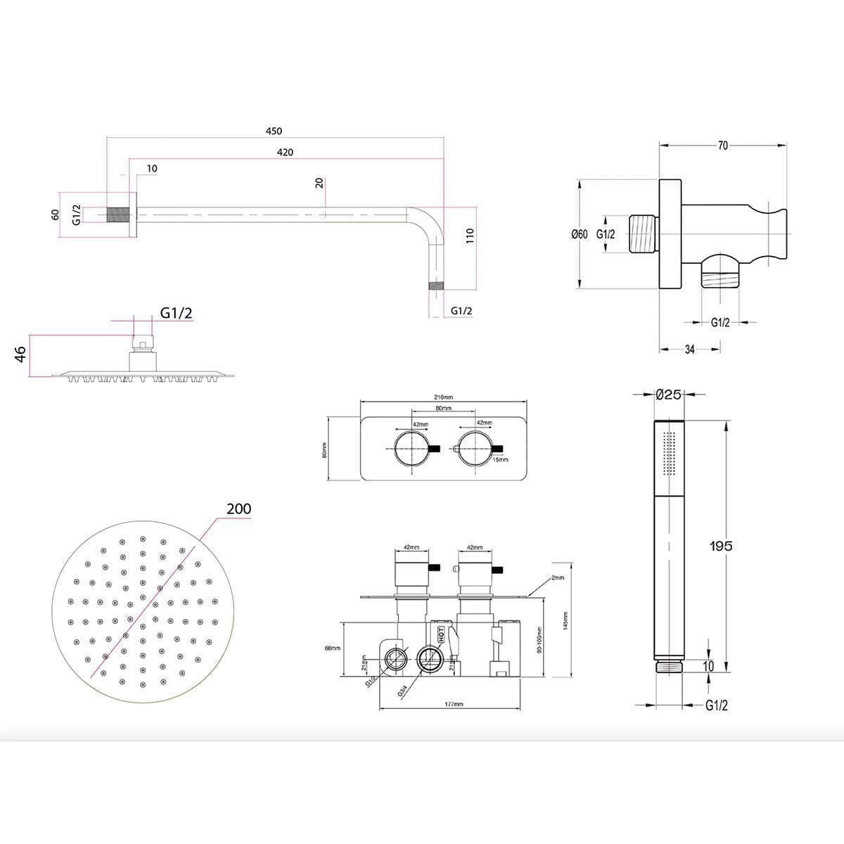 Imex Concealed Shower Set Imex Ravine 2 Handle, 2 Outlet Shower Set with 200mm Rainfall Shower Head, Pencil Handset and Hose