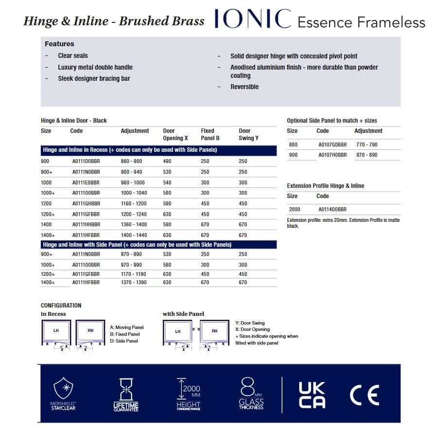 Merlyn Ionic Essence Frameless Hinged Shower Door and Inline Panel