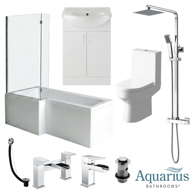 Aquarius Bathrooms Complete Bathroom Suite Left Hand Aquarius Altano Complete Bathroom Suite with 1700mm L-Shaped Bath, Toilet, Basin, Shower & Taps