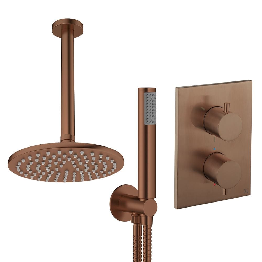 UK Bathroom Store Concealed Shower Set Brushed Bronze / Ceiling Arm / 200mm Crosswater Crossbox Shower Set 3 - 2 Outlet with Pencil Handset and Fixed Overhead Shower