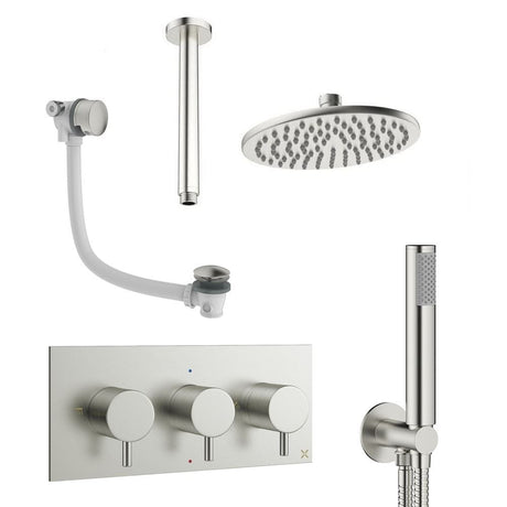 Crosswater Concealed Shower Set Brushed Nickel / Ceiling Arm / 200mm Crosswater Design 3 Handle 3 Outlet Shower and Bath Filler Set 8