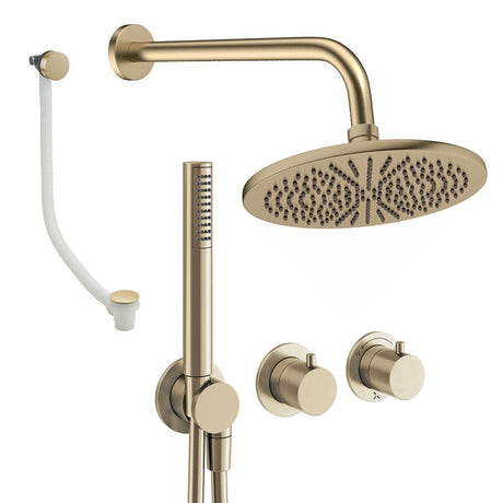 UK Bathroom Store Concealed Shower Set Brushed Brass / Wall Arm / 300mm Crosswater Module Shower Set 9 - 3 Outlet with Pencil Handset, Overhead Shower and Overflow Filler