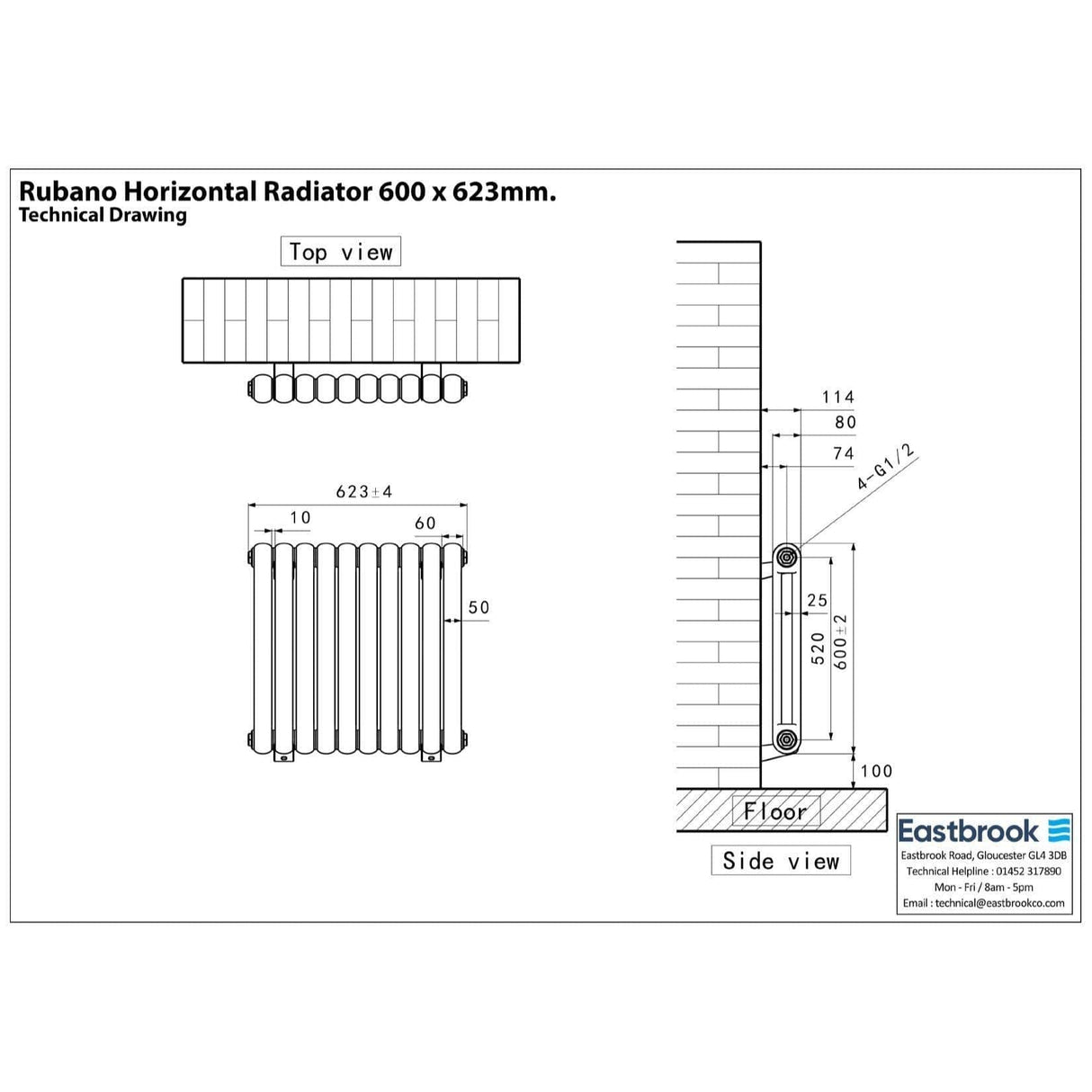 Eastbrook Column Radiator Eastbrook Rubano Straight Horizontal Traditional Column Radiator in Matt Anthracite