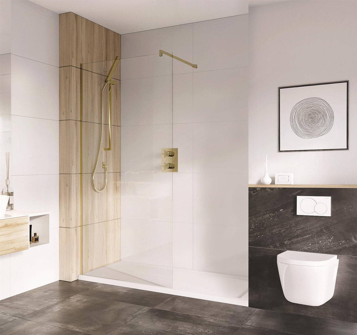 Aquarius Bathrooms Wetroom Panel Brushed Brass / 565 x 2000mm Aquarius Coniston Wetroom 8mm Panel with Fittings